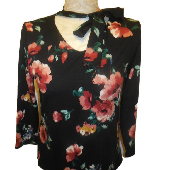 Vintage Blouse Top stretchy knit floral black-pink wear to work retro romantic - Picture 1 of 8